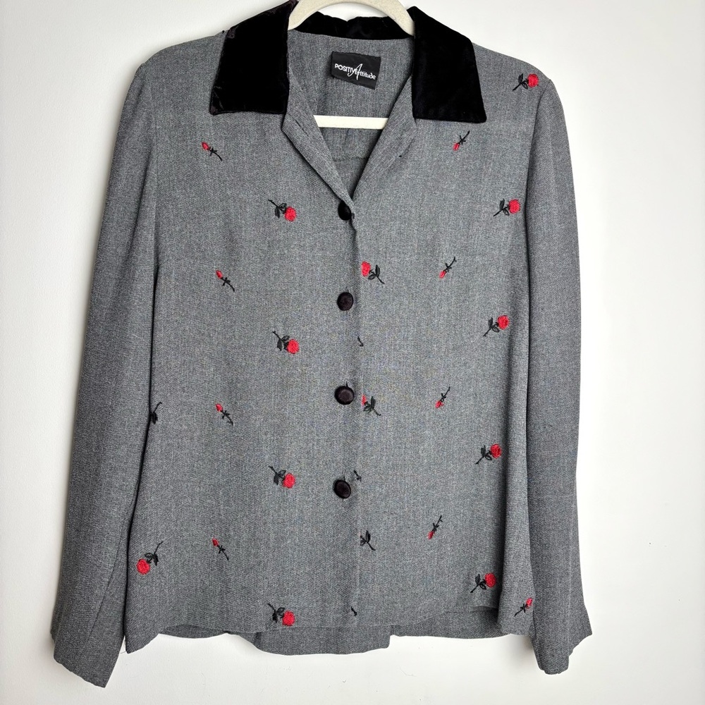 Vintage Embroidered Blouse Top Rose Velvet Accents size M